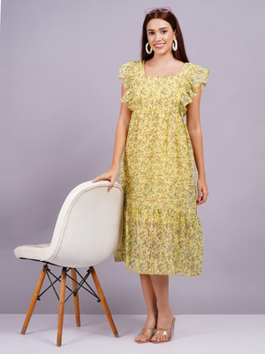 Highlight fashion export Women Fit and Flare Yellow Midi/Calf Length Dress