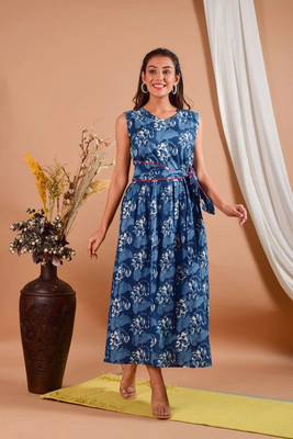 maaesa Women Fit and Flare Blue Midi/Calf Length Dress