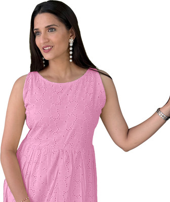 Dharmaj Creation Women Pleated Pink, Beige Midi/Calf Length Dress