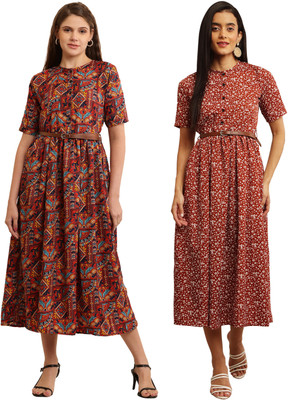 Mamnoon Women Fit and Flare Brown Maxi/Full Length Dress