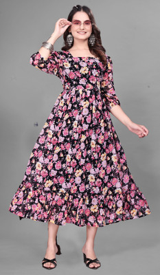 QUEUEE CREATION Women Fit and Flare Pink Midi/Calf Length Dress
