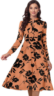 Oooh Lady Fashion Women Skater Orange Knee Length Dress