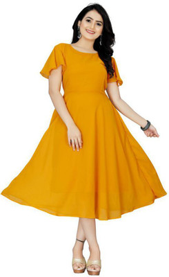 J D CREATION Women Fit and Flare Yellow Midi/Calf Length Dress