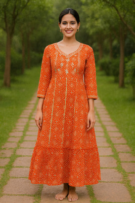 Orange Paper Women Gown Red Ankle Length Dress