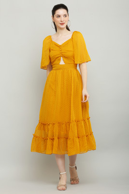 AskStar Women A-line Yellow Below Knee Dress