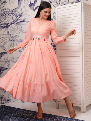 Vishudh Women Fit and Flare Pink Midi/Calf Length Dress