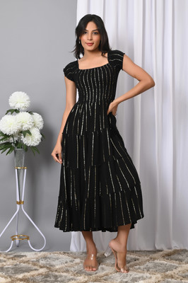 IQRAAR Women Fit and Flare Black Midi/Calf Length Dress