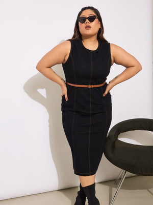 SASSAFRAS Curve Women Bodycon Black Midi/Calf Length Dress