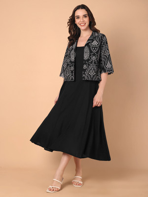 Azira Women Fit and Flare Black Midi/Calf Length Dress