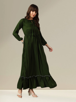 Krunal Raiyani Women Fit and Flare Green Maxi/Full Length Dress