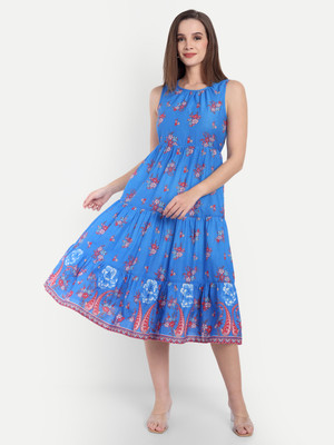 FairLeaf Women Asymmetric Blue Below Knee Dress