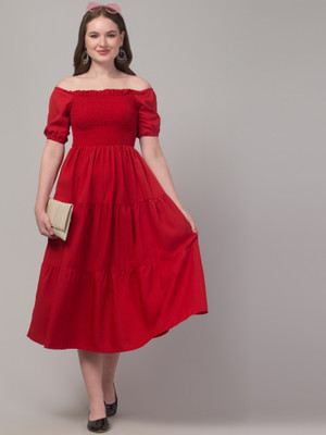 Muskan Enterprises Women Fit and Flare Red Maxi/Full Length Dress