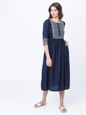 Vishudh Women A-line Blue Midi/Calf Length Dress