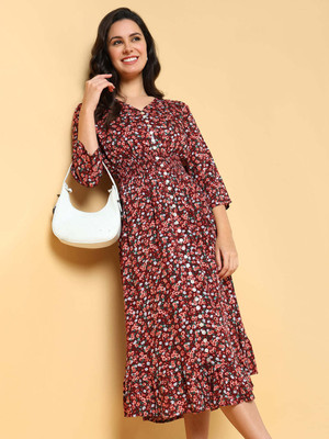 SHOWOFFFF Women Fit and Flare Maroon Midi/Calf Length Dress