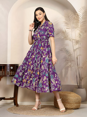 ZWERLON Women A-line Multicolor Midi/Calf Length Dress