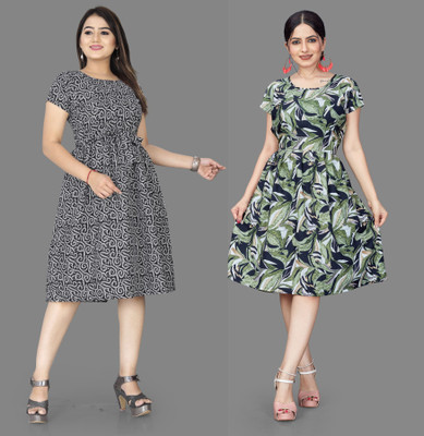 Madhave Women Fit and Flare Multicolor Knee Length Dress