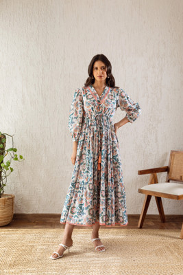 Leriya Fashion Women Empire Waist Multicolor Midi/Calf Length Dress