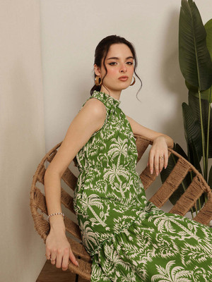 STREET9 Women Fit and Flare Green Below Knee Dress