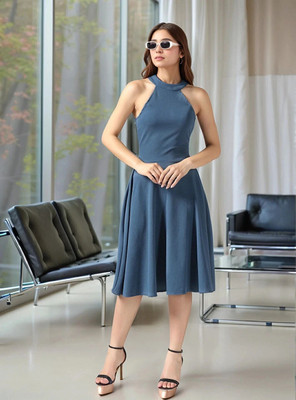 AA-HA! Women A-line Blue Below Knee Dress
