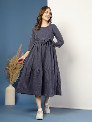 GLAMALUE Women Fit and Flare Grey Midi/Calf Length Dress