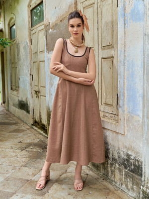 PURVAJA Women Fit and Flare Brown Maxi/Full Length Dress