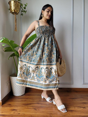 Shiv Homiefix Women Maxi Green, Multicolor Midi/Calf Length Dress