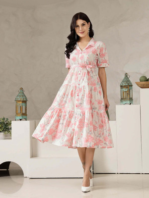 Sheetal Associates Women Fit and Flare Pink, White Midi/Calf Length Dress