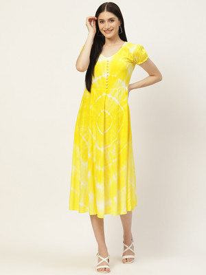 maaesa Women Ethnic Dress Yellow Midi/Calf Length Dress