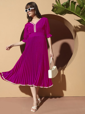 ZWERLON Women A-line Pink Midi/Calf Length Dress