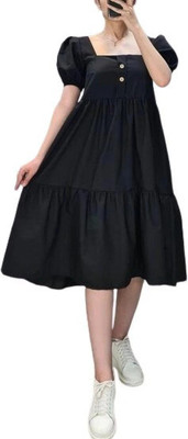 HouseOfCommon Women Fit and Flare Black Knee Length Dress