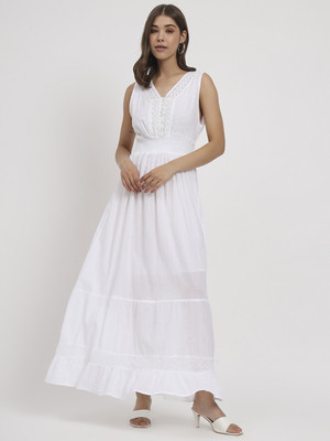 Veldress Women A-line White Maxi/Full Length Dress