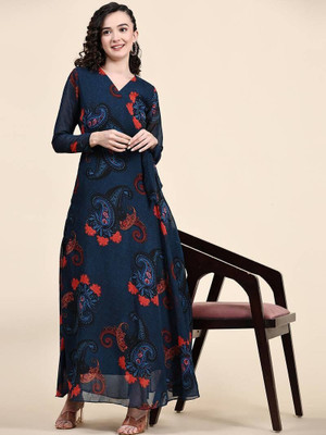 Herway Women Fit and Flare Dark Blue Maxi/Full Length Dress