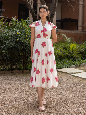 FIORRA Women Fit and Flare White Midi/Calf Length Dress