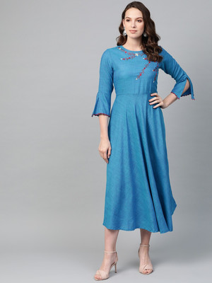 Yash Gallery Women Ethnic Dress Blue Midi/Calf Length Dress