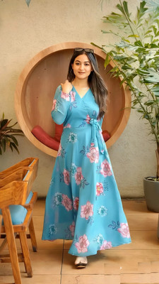Fashion2wear Women Gown Light Blue Maxi/Full Length Dress