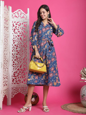 Wonder Weaves Women A-line Blue Midi/Calf Length Dress