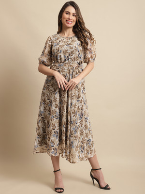 Fabflee Women A-line Brown Midi/Calf Length Dress