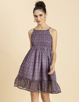 moomaya Women Gathered Multicolor Above Knee/Mid Thigh Length Dress