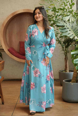Fashion2wear Women Fit and Flare Light Blue Maxi/Full Length Dress