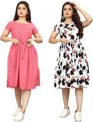 FashhionWorld Women Fit and Flare Multicolor Below Knee Dress