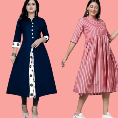 Icon Fashion Women Printed A-line Kurta(Blue, Pink)