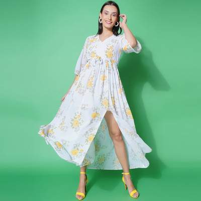 KATLINE Women Fit and Flare White Midi/Calf Length Dress