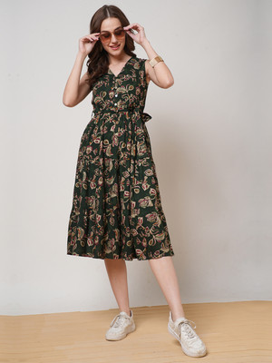 Globus Women Fit and Flare Green Midi/Calf Length Dress