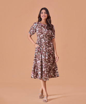 FashFun Women Fit and Flare Brown Midi/Calf Length Dress