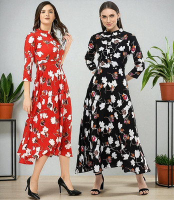 AllenQueen Women Maxi Red, Black Midi/Calf Length Dress