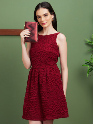Globus Women Fit and Flare Maroon Above Knee/Mid Thigh Length Dress