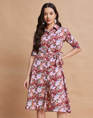 Selvia Women Fit and Flare White, Red Knee Length Dress