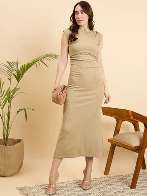 AA-HA! Women Bodycon Beige Midi/Calf Length Dress