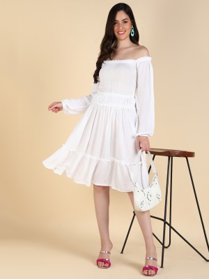 HERE&NOW Women Fit and Flare White Dress