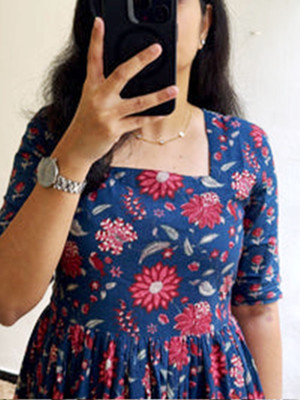 Assamica Women Fit and Flare Blue, Pink Midi/Calf Length Dress